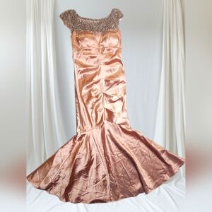 XSCAPE Blush Satin Mermaid Gown with Beaded Neckline – Size 6